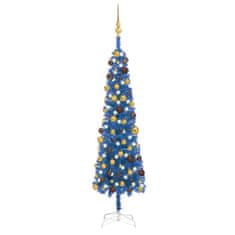 Greatstore Úzký vánoční stromek s LED diodami a sadou koulí modrý 150 cm