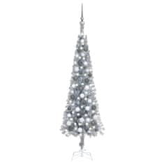 Greatstore Úzký vánoční stromek s LED diodami a sadou koulí stříbrný 120cm