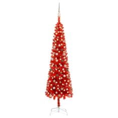 Greatstore Úzký vánoční stromek s LED diodami a sadou koulí červený 240 cm