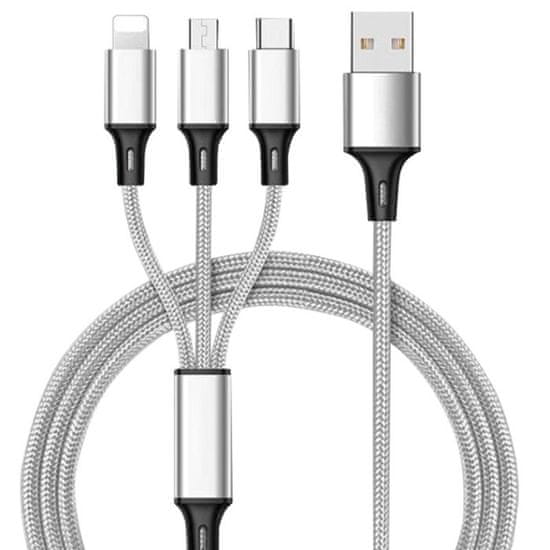 W-STAR W-star kabel USB 3v1, USBC, micro USB, lightning, 2,4A, 1,2m střibrná, k3v1SR3