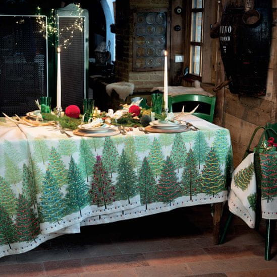 Dům Vánoc Lněný Vánoční ubrus Pohádkové stromky 160x230 cm