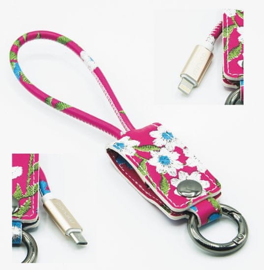 Mizoo Designový USB kabel jako praktická klíčenka v růžové barvě - Lightning/Micro USB