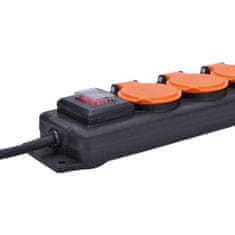 Solight  Prodlužovací kabel venkovní 230V/16A - 5m, 4 zásuvky, 3x 1,5mm, IP44, černý s vypínačem