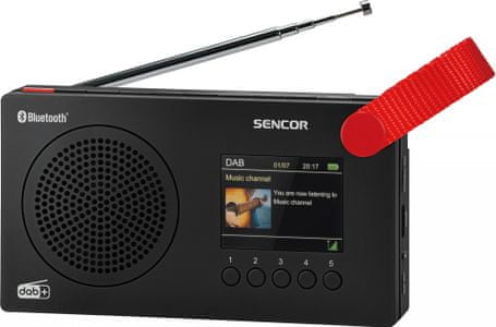 Bluetooth radiopříjímač sencor srd7757 fm dab tuner sluchátkový výstup usb vstup lcd displej čtečka paměťových karet napájení z baterie výdrž 11 h teleskopická anténa
