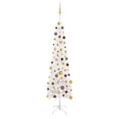 Greatstore Úzký vánoční stromek s LED diodami a sadou koulí bílý 240 cm