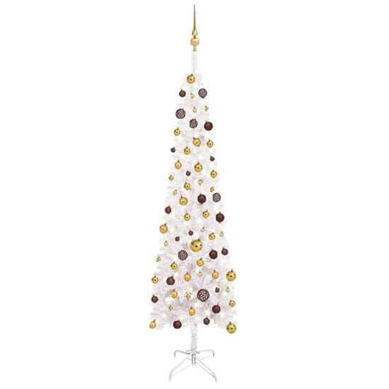 Greatstore Úzký vánoční stromek s LED diodami a sadou koulí bílý 210 cm