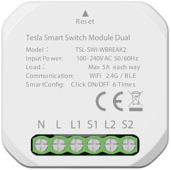 Chytrý ovladač světel vypínač Tesla Smart Switch Module Dual, Wi-Fi, chytré relé zhasínání rozsvěcení aplikací na dálku telefonem hlasem automatizace automatické scénáře chytrá domácnost