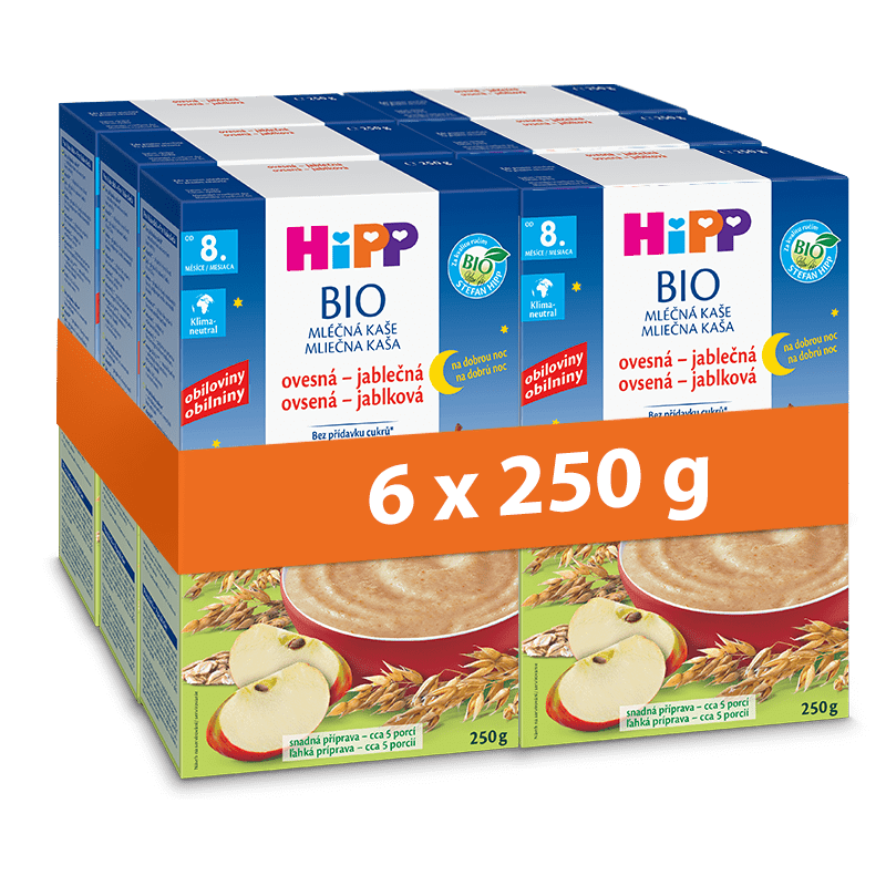 Levně HiPP BIO Mléčná kaše na dobrou noc ovesná-jablečná od 8.měsíce, 6 x 250g