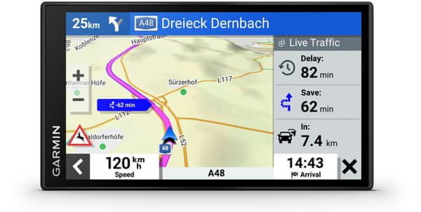 GPS navigace Garmin DriveSmart 66 MT-D EU 6 palcový dotykový displej světové mapy rychlejší doživotní aktualizace map vysoké rozlišení učení návyků slot na paměťové karty microSD karta předpověď cíle jízdní návyky upozornění na sjezd a křižovatky držák výkonná navigace do auta výkonná automobilová navigace dlouhá výdž baterie