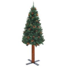 Greatstore Úzký vánoční stromeček pravé dřevo a šišky zelený 150 cm PVC