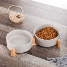 Dvojitá keramická miska pro psy i kočky s elagantním dřevěným stojanem, šedá 2x400 ml