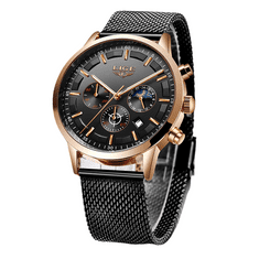 Lige Elegantní pánské hodinky z oceli s pozlacenými a černými detaily, model 9877-2 + dárek ZDARMA