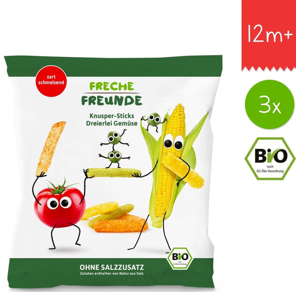Levně Freche Freunde BIO Zeleninové tyčinky s rajčetem, kukuřicí a hráškem 3x30g