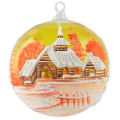 Decor By Glassor Vánoční koule oranžová s malovanou chaloupkou