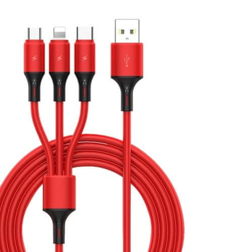 W-STAR W-star kabel USB 3v1, USBC, micro USB, lightning, silikon 2,4A, 1,2m červená, KBS3v1RD100