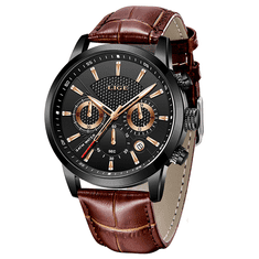 Lige Elegantní pánské hodinky černá/hnědá 9866-3 + bonus ZDARMA - Luxusní doplněk pro muže
