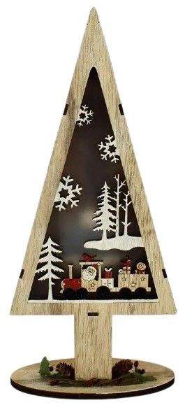 DUE ESSE Dřevěný svítící vánoční stromek 32 cm, Santa a mašinka