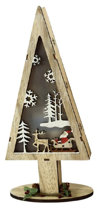 DUE ESSE Dřevěný svítící vánoční stromek 32 cm, Santa a sobí sáně