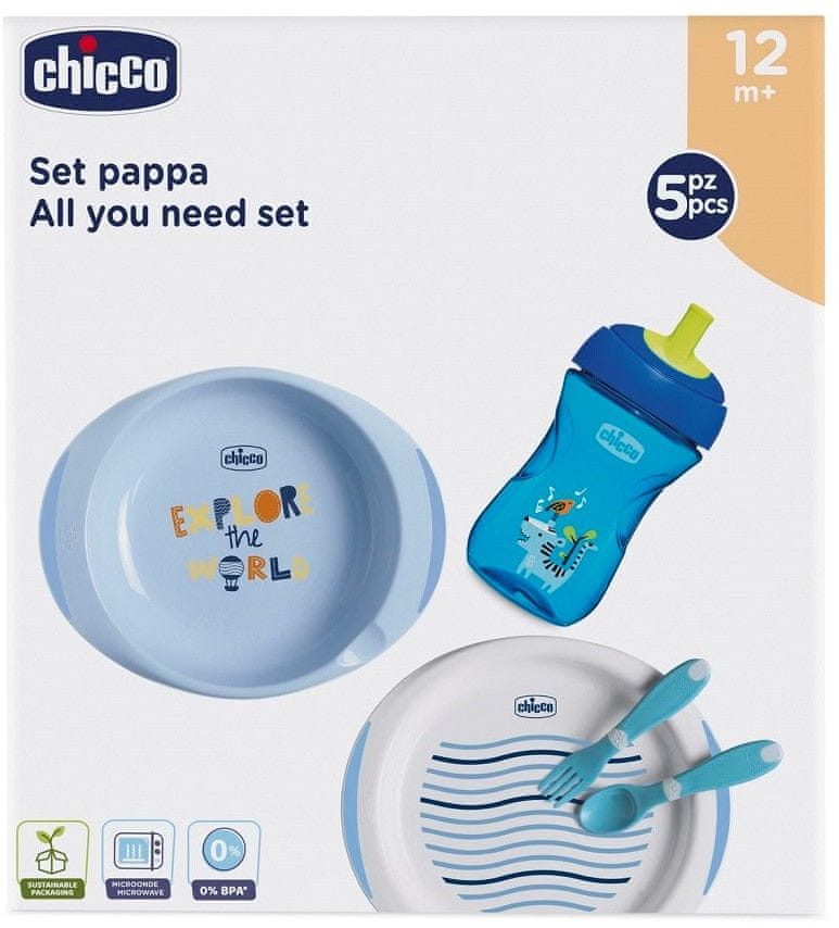 Chicco Jídelní set - talíře, příbory, hrnek, 12m+ modrá