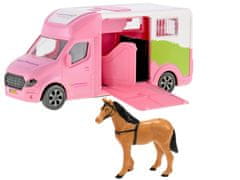 Kids Globe Auto přepravní 20 cm kov na setrvačník růžové na baterie se světlem a zvukem s koněm v krabičce