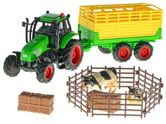 Kids Globe Farming traktor 10 cm kov s vlekem na baterie se světlem a zvukem a doplňky v krabičce