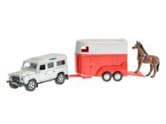 Kids Globe Traffic Land Rover 14,5 cm kov na zpětný kov s přívěsem pro koně v krabičce