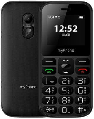 myPhone Halo A Senior Black, mobil pro seniory, s velkými tlačítky, velký displej, SOS, fotokontakty, jednoduché ovládání praktická výbava velká tlačítka SOS tlačítko SOS volání dlouhá výdrž nízká hmotnost lehká váha Dual SIM slot na paměťovou kartu klasický tlačítkový telefon pro seniory 2G Bluetooth