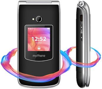 myPhone Rumba 2, stylový tlačítkový telefon véčko ikonický telefon s klapkou véčková konstrukce novodobé véčko, 2G síť Bluetooth kompaktní tlačitkový telefon pro seniory pro nenáročné VGA fotoaparát FM rádio, malé rozměry otevírací telefon mp3 přehrávač SOS tlačítko