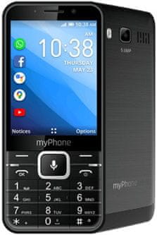 myPhone Up Smart LTE, stylový tlačítkový telefon, LTE síť LTE připojení GPS připojení Wi-Fi tlačítkový telefon s chytrými funkcemi KaiOS MediaTek Bluetooth kompaktní tlačitkový telefon 5Mpx fotoaparát selfie kamera FM rádio Dual SIM, malé rozměry