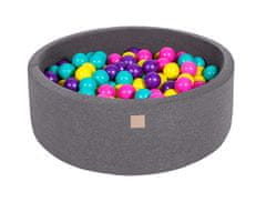 MeowBaby® Kuličkový bazén 90X30cm/200 kuliček 7Compour Hračky pro batolata z kulaté pěny Vyrobeno v EU Tmavě šedá: tyrkysová/žlutá/světle růžová/perleťově fialová