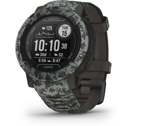Chytré hodinky outdoorové odolné sportovní Garmin Instinct 2 Camo Edition, výkonné chytré hodinky výkonná baterie dlouhá výdrž vojenský standard, vodotěsné, multisport, sledování tepu, GPS, Glonass, Galileo, sledování spánku, dlouhá výdrž baterie ANT+ profesionální metriky tréninkové funkce sportovní režimy kvalitn materiál vojenským standard odolnosti  MIL-STD-810G kompaktní rozměry chytrých hodinek odolná konstrukce
