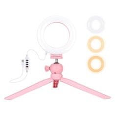 Puluz Mini Selfie kruhové LED světlo 4.7'' + statív, růžový