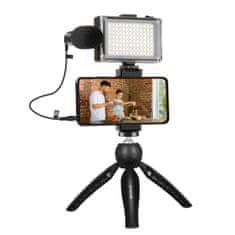 Puluz Live Vlogger statív na mobil + LED světlo a mikrofon, černý