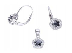 Lovrin Stříbrná sada šperků ve tvaru květin s černými kubickými zirkony náušnice a přívěsek
