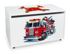 Leomark Velký dřevěný box na hračky na kolečkách se sedátkem - malý hasič 243F