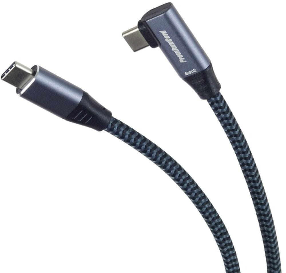 Levně PremiumCord USB-C zahnutý kabel ( USB 3.2 GEN 2, 3A, 60W, 20Gbit/s ) bavlněný oplet, 2m, ku31cu2