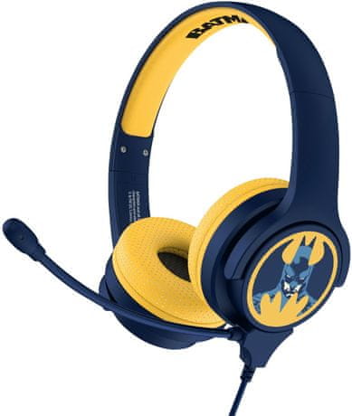 OTL Batman Blue dětská bezdrátová sluchátka Bluetooth integrovaný mikrofon dětská sluchátka interaktivní sluchátka kabelové připojení tématický design circimaurální sluchátka uzavřená konstrukce vysoký comfort pohodlná sluchátka pro děti