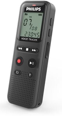 moderní diktafon pro nahrávání hlasu philips voicetracer dvt1160 sluchátkový výstup bateriové napájení výdrž až 44 h vnitřní paměť 8 gb lcd displej hlasová aktivace plug and play zapojení k pc usb kabel v balení