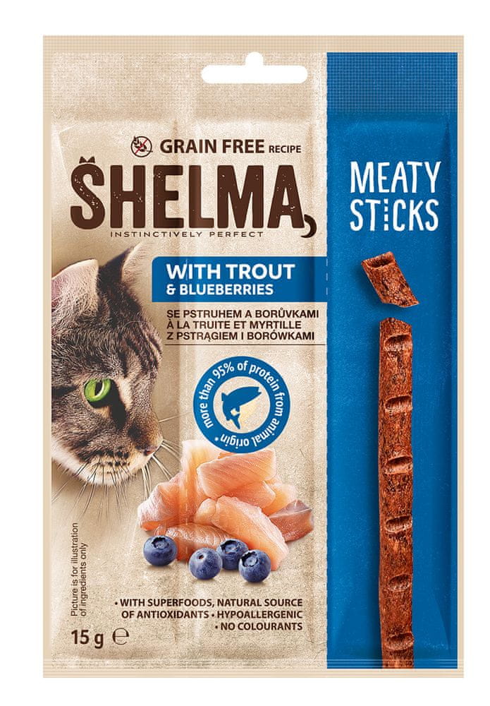 SHELMA Snack kočka bezobilné masové tyčinky pstruh 30×15 g