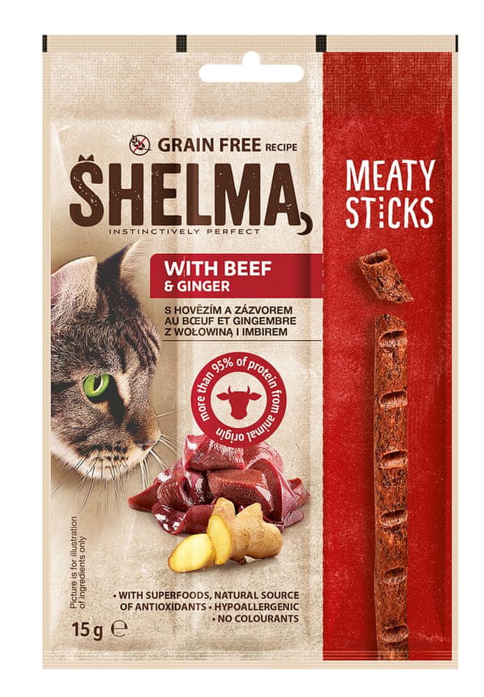 SHELMA Snack kočka bezobilné masové tyčinky hovězí 30×15 g