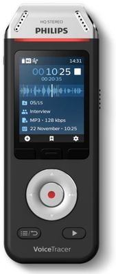 moderní diktafon pro nahrávání hlasu philips voicetracer dvt2110 sluchátkový výstup bateriové napájení výdrž až 36 h vnitřní paměť 8 gb lcd displej  plug and play zapojení k pc usb kabel v balení