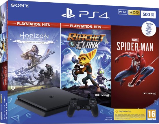 Sony PlayStation 4 Slim, 500GB, černá + Spider-Man, Horizon Zero Dawn, Ratchet & Clank