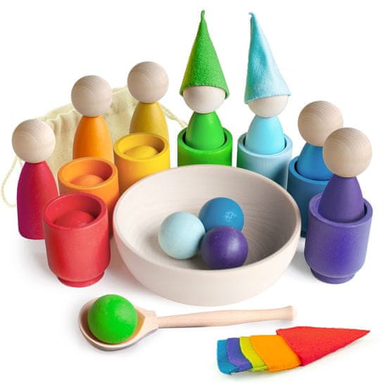 Ulanik Montessori dřevěná hračka „Rainbow: Peg Dolls in Cups with Hats and Balls‟