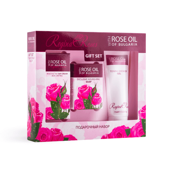 BioFresh Dárkový set s růžovým olejem pro ženy - denní krém, mýdlo a sprchový gel Regina Roses