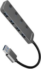 AXAGON switch hub USB-A 3.2 Gen1 - 4xUSB-A, 5Gbit/s, přepínací, 20cm, šedá