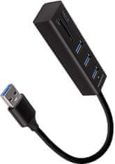 AXAGON HMA-CR3A, USB 3.2 Gen 1 hub, porty 3x USB-A + čtečka karet SD/microSD, kovový, kabel USB-A 20