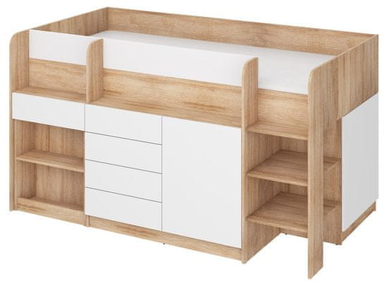 Homlando Patrová postel s psacím stolem SMILE P 90 x 200 cm, pravá strana, dub sonoma / bílá