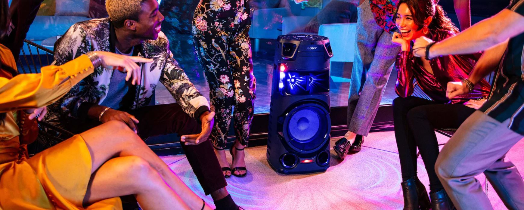  párty reproduktor sony mhc-v43d karaoke fiestable ovládání hlasem kytarový jack upevnění v repro stojanu světelné efekty 