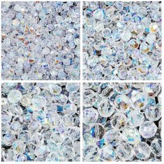 Sada českých broušených ohňových perli (ohňovky skleněné korálky), vel. 3, 4, 6 a 8 mm, barva Crystal AB (bezbarvý s lesklým pokovem 00030-28701), sklo