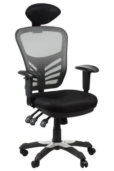 STEMA Otočná kancelářská židle HG-0001H. Má nylonovou základnu, měkká kolečka, nastavitelné područky a opěrku hlavy. Nastavitelné sedadlo (úhel), nastavitelné opěradlo (nahoru-dolů). Barva černá/šedá.